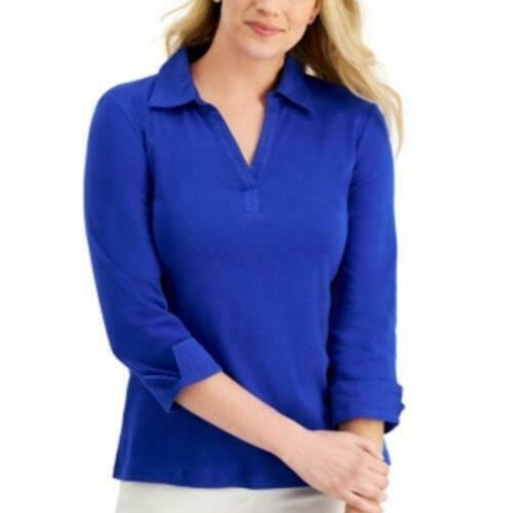 Karen Scott Petite 3/4-Sleeve Clip-Dot-Trimmed Top, Size PL, #567H